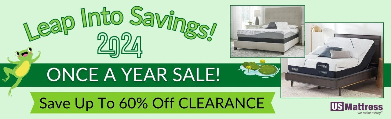 Graphic with green frog theme. Leap into savings! 2024 Once a year sale! Save up to 60% off clearance. Features an iComfort mattress and an Ashley Peak mattress